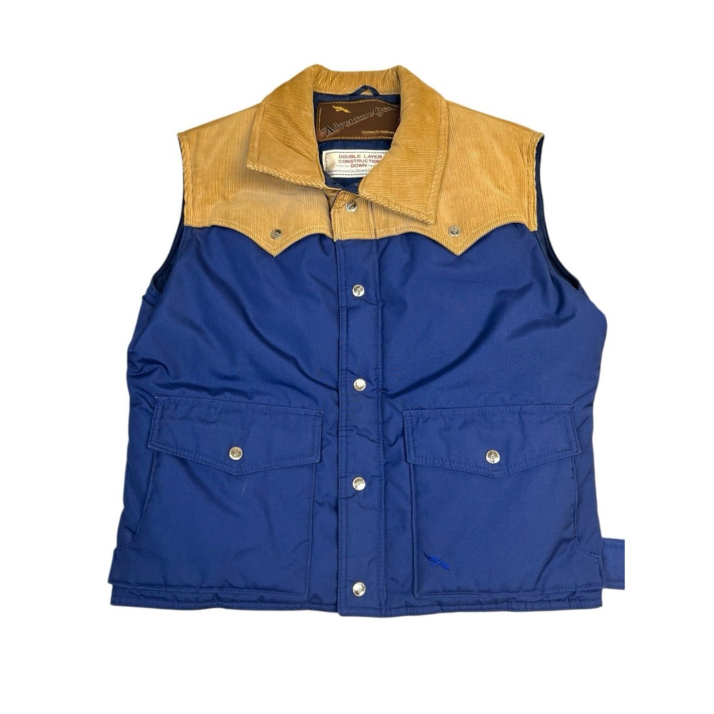 Vintage Adventure Gear Goose Down Vest Quilted Blue Khaki Corduroy Men's Large